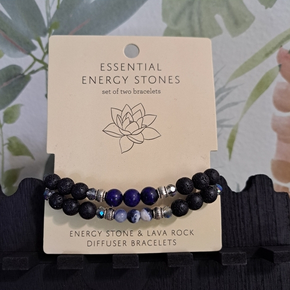 Energy & Lava Rock Black and Blue Diffuser Bracelets Set Of 2 - Picture 1 of 2